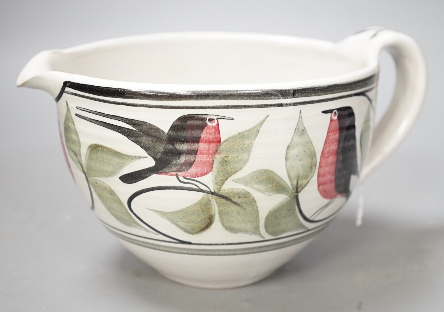 An Aldermaston pottery 'bird' jug. Width overall 20cm